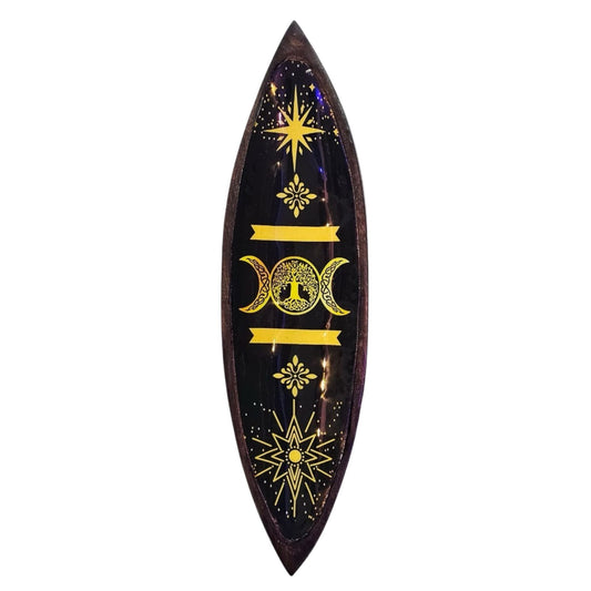 Enameled incense bowl with Moon Phases & Tree of Life – handmade in mango wood