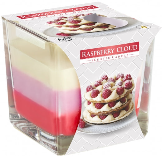 Mehrfarbige Kerzen in Gläsern Himbeere