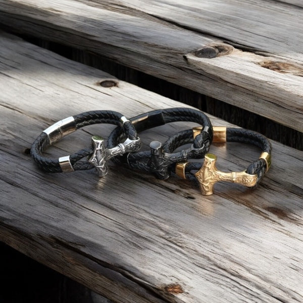 Armband "Mjölner Asgard Knot" Guld och Läder