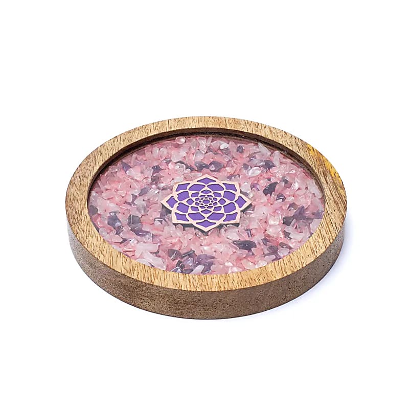Pad aus Holzlotus, Rosenquarz und Amethyst