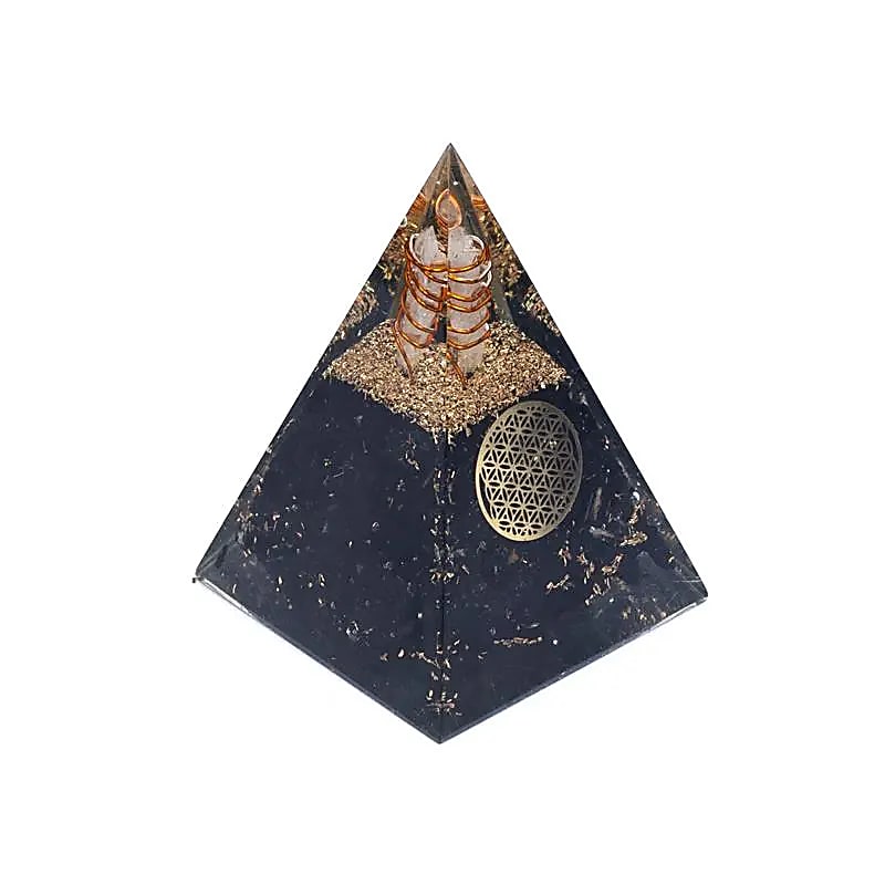 Orgonit Pyramide mit Schwarzem Turmalin und Blume des Lebens