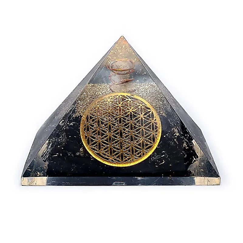 Orgonit Pyramide mit Schwarzem Turmalin und Blume des Lebens