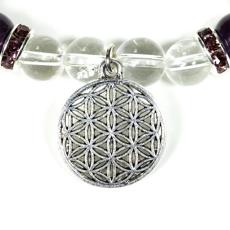 Armband „Bergkristall & Amethyst mit Blume des Lebens“