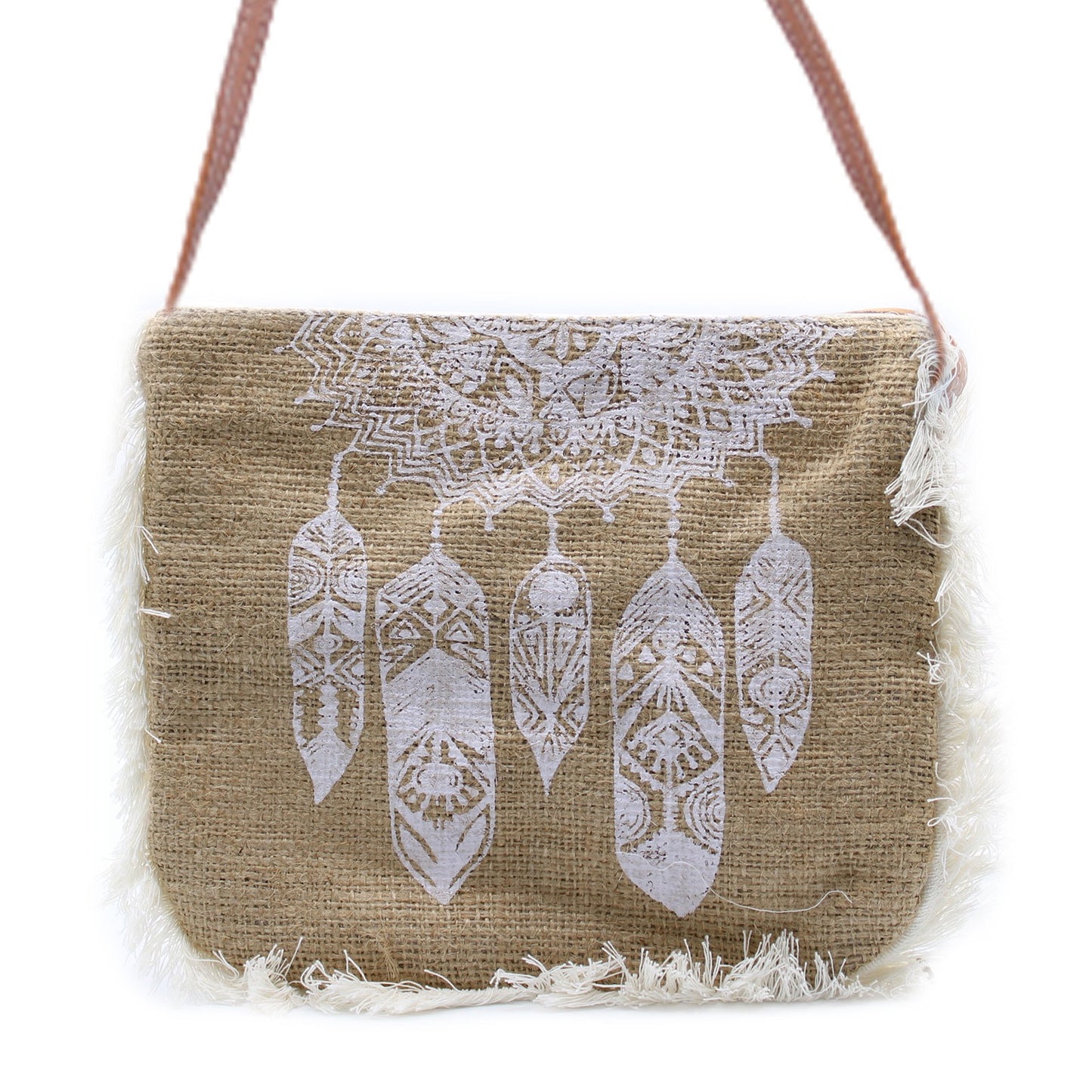 Fringe bag with Dreamcatcher print Jute