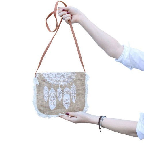 Fringe bag with Dreamcatcher print Jute