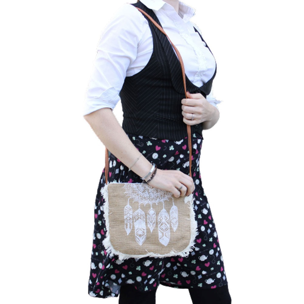 Fringe bag with Dreamcatcher print Jute