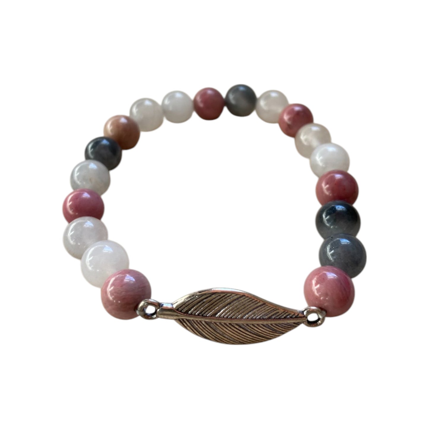 Armband / Mala - Rhodonit & Grauquarz mit Feder
