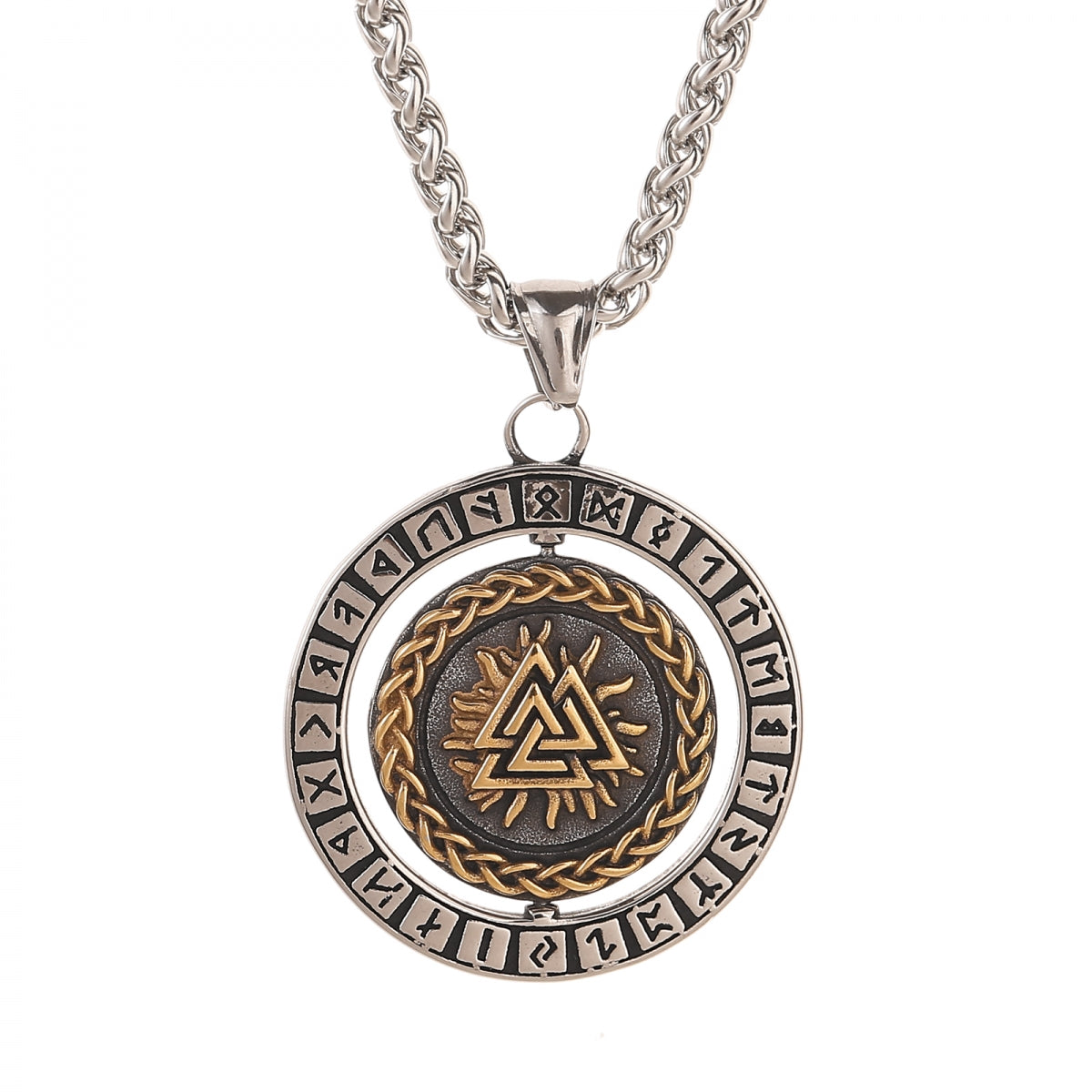 Halskette „Rotierende Wikinger Vegvisir und Valknut“ (2025)