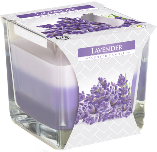 Mehrfarbige Kerzen in Glasgefäßen Lavendel