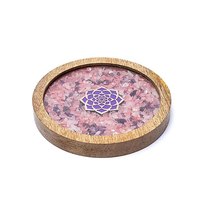 Pad aus Holzlotus, Rosenquarz und Amethyst