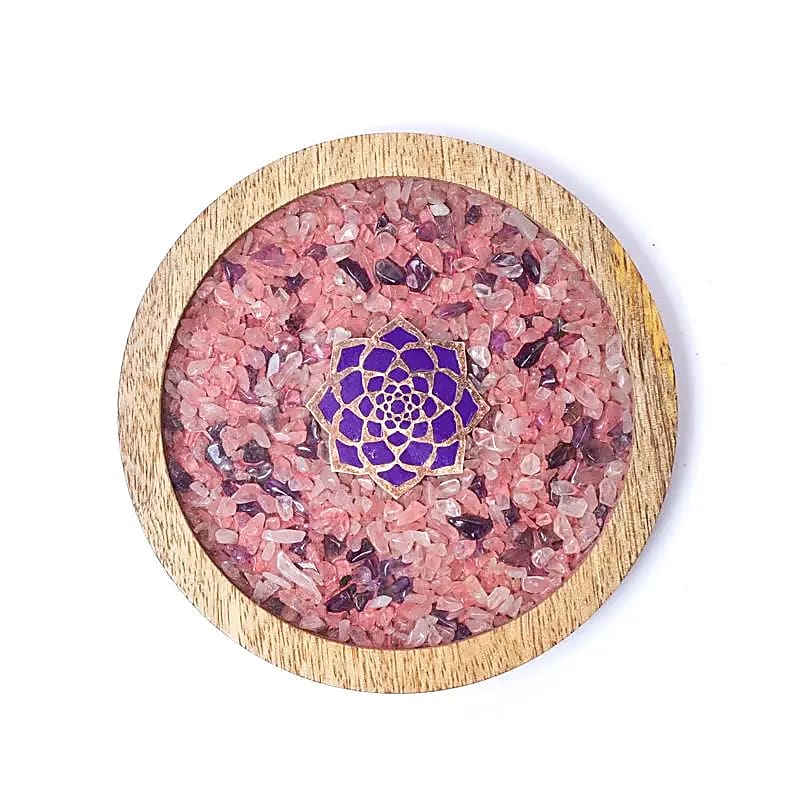 Pad aus Holzlotus, Rosenquarz und Amethyst