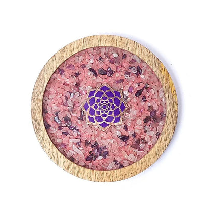 Pad aus Holzlotus, Rosenquarz und Amethyst
