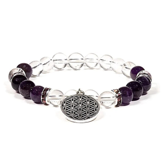 Armband „Bergkristall &amp; Amethyst mit Blume des Lebens“ 