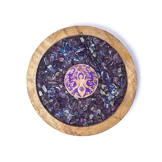 Holzuntersetzer Göttin mit Amethyst &amp; Lapislazuli