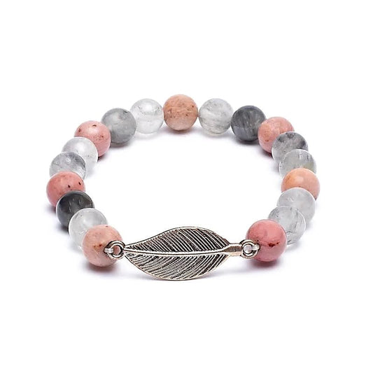 Armband / Mala - Rhodonit &amp; Grauquarz mit Feder