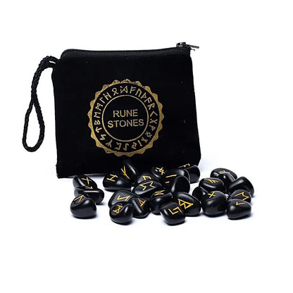 Runen-Orakel-Set Schwarzer Achat im Samtbeutel – 25 Stück x 20 mm