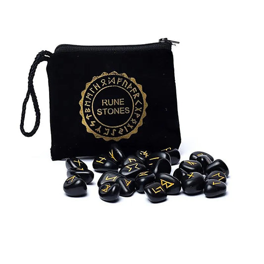 Runen-Orakel-Set Schwarzer Achat im Samtbeutel – 25 Stück x 20 mm