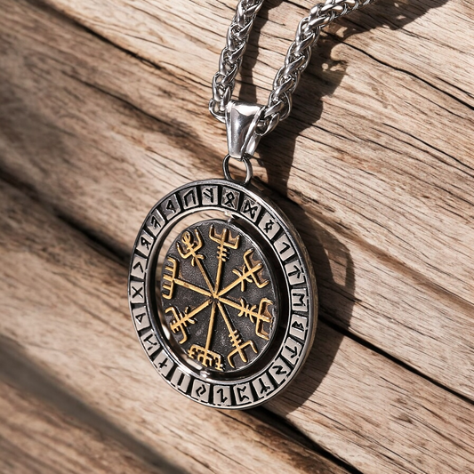 Halskette „Rotierende Wikinger Vegvisir und Valknut“ (2025)